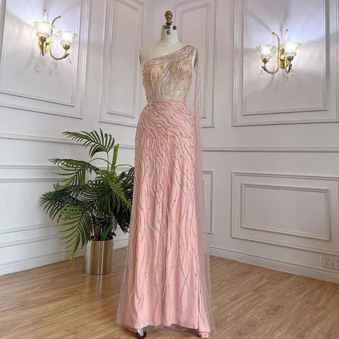 Vestidos de noche largos, elegantes, de sirena rosa árabe, con un solo hombro y cuentas, para mujer, estilo fiesta nocturna, colección 2025, LA71901 