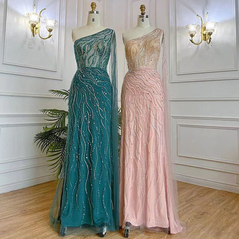Vestidos de noche largos, elegantes, de sirena rosa árabe, con un solo hombro y cuentas, para mujer, estilo fiesta nocturna, colección 2025, LA71901 