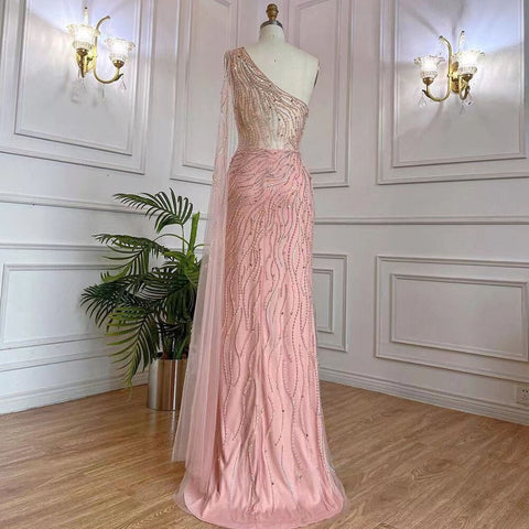 Vestidos de noche largos, elegantes, de sirena rosa árabe, con un solo hombro y cuentas, para mujer, estilo fiesta nocturna, colección 2025, LA71901 
