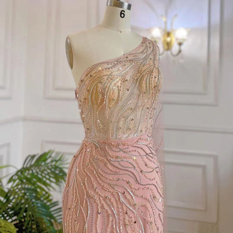 Vestidos de noche largos, elegantes, de sirena rosa árabe, con un solo hombro y cuentas, para mujer, estilo fiesta nocturna, colección 2025, LA71901 
