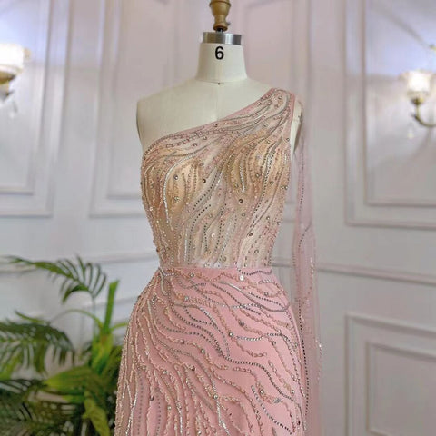 Vestidos de noche largos, elegantes, de sirena rosa árabe, con un solo hombro y cuentas, para mujer, estilo fiesta nocturna, colección 2025, LA71901 