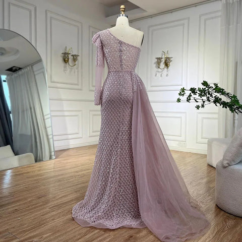 Arabic Pink Mermaid Elegant One Shoulder Beaded Luxury Evening Dresses Gowns For Women Wedding Party 2025 LA72561