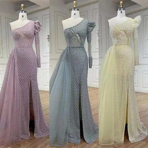 Arabic Pink Mermaid Elegant One Shoulder Beaded Luxury Evening Dresses Gowns For Women Wedding Party 2025 LA72561