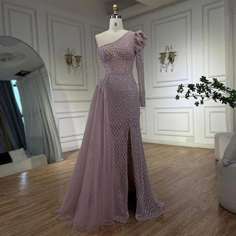 Arabic Pink Mermaid Elegant One Shoulder Beaded Luxury Evening Dresses Gowns For Women Wedding Party 2025 LA72561