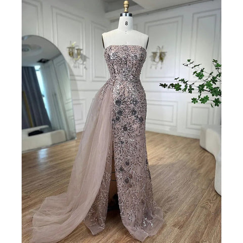 Robe de soirée sirène rose élégante, asymétrique, fendue, avec perles, pour femme, tenue de mariage, modèle 2025, LA72188 