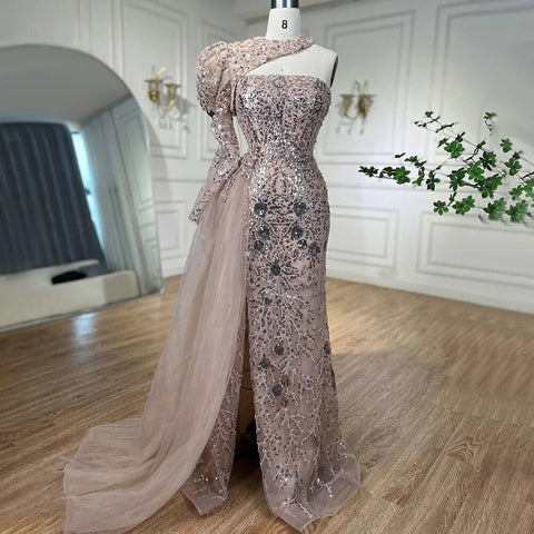 Robe de soirée sirène rose élégante, asymétrique, fendue, avec perles, pour femme, tenue de mariage, modèle 2025, LA72188 