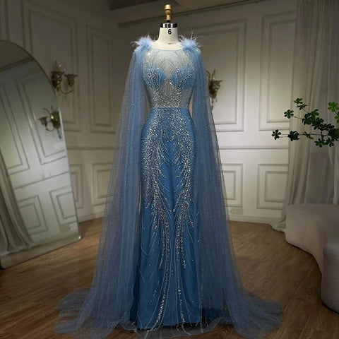 Robe de soirée sirène rose arabe avec plumes élégantes et luxueuses, manches cape perlées, pour soirée femme 2025 LA71709A 