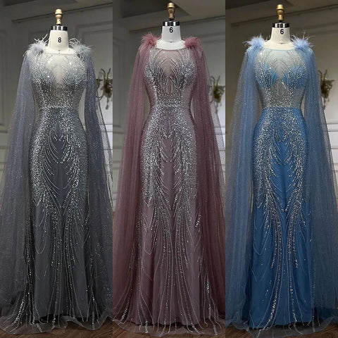 Robe de soirée sirène rose arabe avec plumes élégantes et luxueuses, manches cape perlées, pour soirée femme 2025 LA71709A 