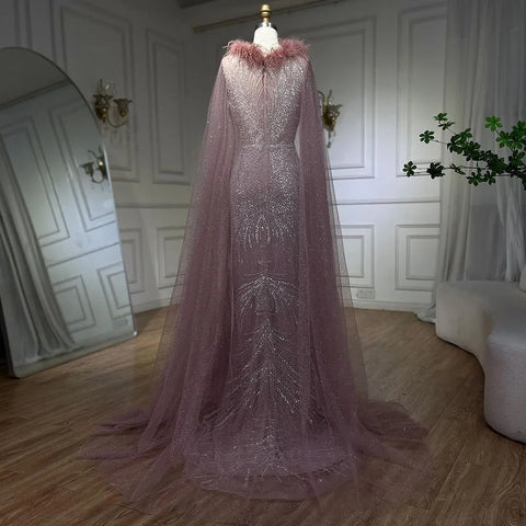 Robe de soirée sirène rose arabe avec plumes élégantes et luxueuses, manches cape perlées, pour soirée femme 2025 LA71709A 