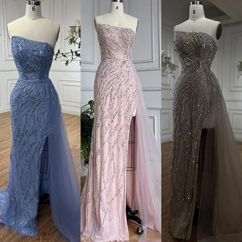 Vestidos de noche elegantes, de lujo, color rosa sirena, con cuentas, sin tirantes, estilo árabe, para mujer, colección 2025, modelo LA71795 