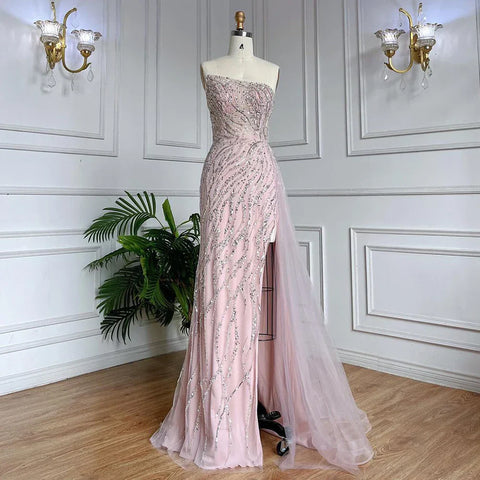 Vestidos de noche elegantes, de lujo, color rosa sirena, con cuentas, sin tirantes, estilo árabe, para mujer, colección 2025, modelo LA71795 