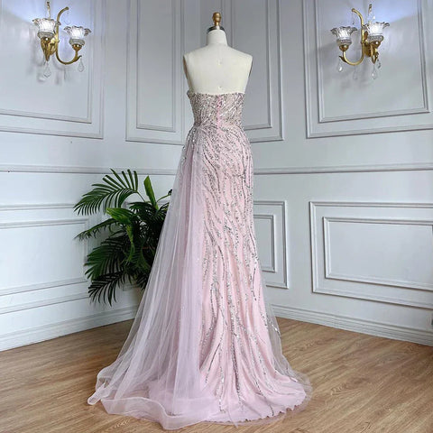 Vestidos de noche elegantes, de lujo, color rosa sirena, con cuentas, sin tirantes, estilo árabe, para mujer, colección 2025, modelo LA71795 