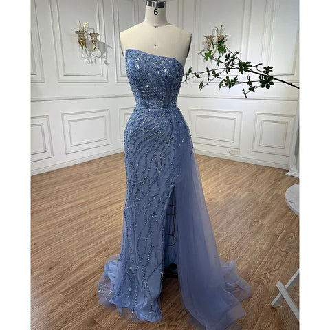 Vestidos de noche elegantes, de lujo, color rosa sirena, con cuentas, sin tirantes, estilo árabe, para mujer, colección 2025, modelo LA71795 