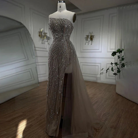 Vestidos de noche elegantes, de lujo, color rosa sirena, con cuentas, sin tirantes, estilo árabe, para mujer, colección 2025, modelo LA71795 