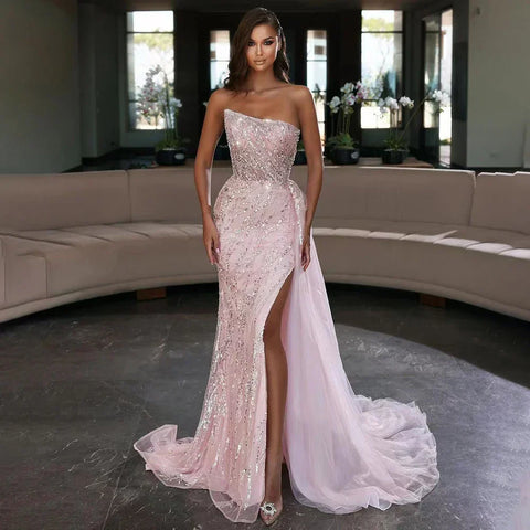 Vestidos de noche elegantes, de lujo, color rosa sirena, con cuentas, sin tirantes, estilo árabe, para mujer, colección 2025, modelo LA71795 
