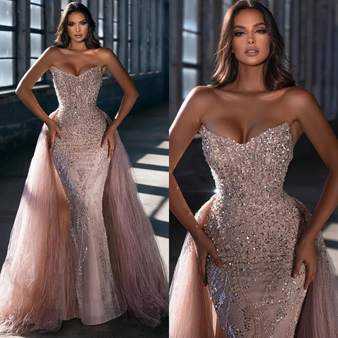 Robe de soirée sirène rose sexy sans bretelles, tenue de soirée luxueuse à perles, style Dubaï, pour femmes, fête de mariage, 2025, LA72201 