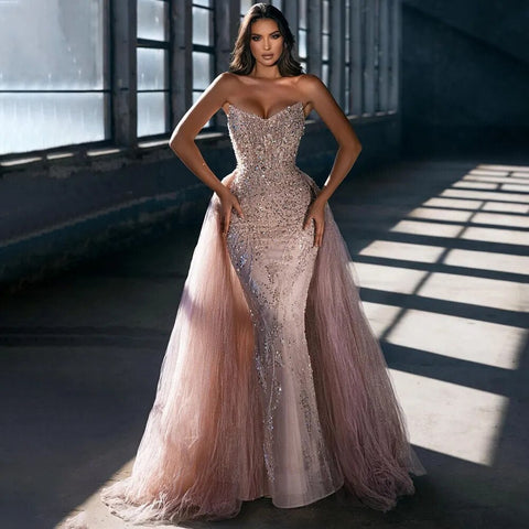 Robe de soirée sirène rose sexy sans bretelles, tenue de soirée luxueuse à perles, style Dubaï, pour femmes, fête de mariage, 2025, LA72201 