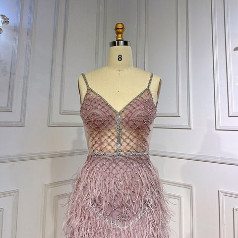 Vestido de fiesta formal sexy de sirena rosa árabe con plumas y cuentas para mujer, ideal para bodas y eventos especiales 2025 LA71827 