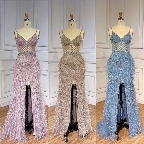 Vestido de fiesta formal sexy de sirena rosa árabe con plumas y cuentas para mujer, ideal para bodas y eventos especiales 2025 LA71827 