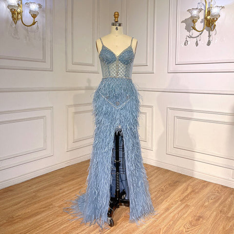 Vestido de fiesta formal sexy de sirena rosa árabe con plumas y cuentas para mujer, ideal para bodas y eventos especiales 2025 LA71827 