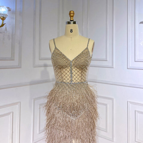 Vestido de fiesta formal sexy de sirena rosa árabe con plumas y cuentas para mujer, ideal para bodas y eventos especiales 2025 LA71827 