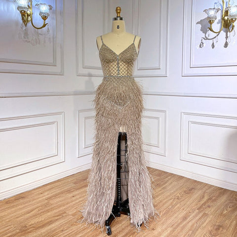 Vestido de fiesta formal sexy de sirena rosa árabe con plumas y cuentas para mujer, ideal para bodas y eventos especiales 2025 LA71827 