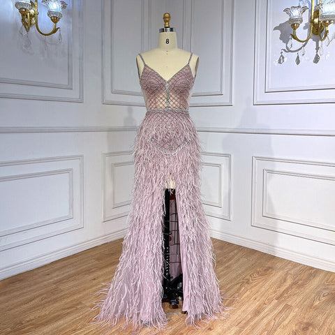 Vestido de fiesta formal sexy de sirena rosa árabe con plumas y cuentas para mujer, ideal para bodas y eventos especiales 2025 LA71827 