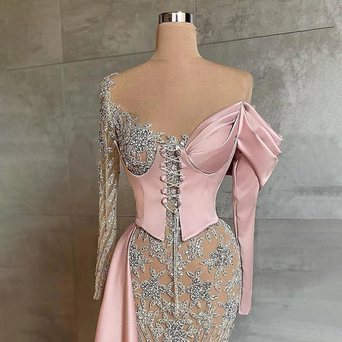 Robe de soirée sirène en satin rose arabe, élégante, avec jupe perlée, pour femme, tenue de mariage, modèle LA71946, 2025 