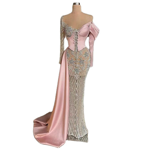 Robe de soirée sirène en satin rose arabe, élégante, avec jupe perlée, pour femme, tenue de mariage, modèle LA71946, 2025 