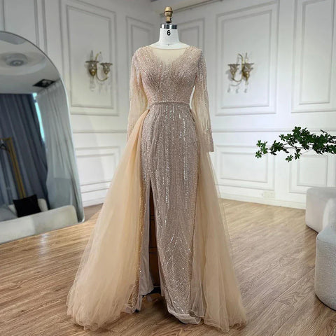 Vestidos de noche de sirena color rosa árabe con sobrefalda y cuentas, vestidos de lujo para bodas y fiestas de mujeres 2025 LA72584 