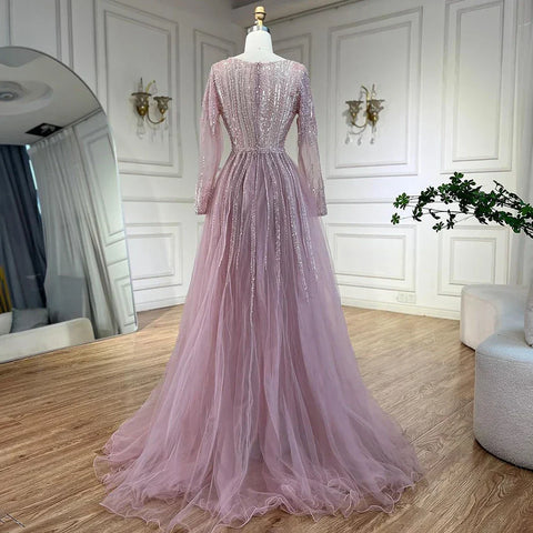 Vestidos de noche de sirena color rosa árabe con sobrefalda y cuentas, vestidos de lujo para bodas y fiestas de mujeres 2025 LA72584 