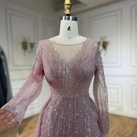 Vestidos de noche de sirena color rosa árabe con sobrefalda y cuentas, vestidos de lujo para bodas y fiestas de mujeres 2025 LA72584 