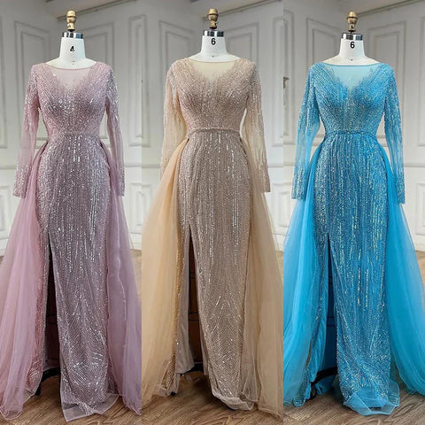 Vestidos de noche de sirena color rosa árabe con sobrefalda y cuentas, vestidos de lujo para bodas y fiestas de mujeres 2025 LA72584 