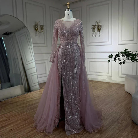 Vestidos de noche de sirena color rosa árabe con sobrefalda y cuentas, vestidos de lujo para bodas y fiestas de mujeres 2025 LA72584 