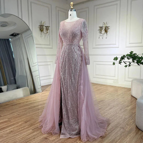 Vestidos de noche de sirena color rosa árabe con sobrefalda y cuentas, vestidos de lujo para bodas y fiestas de mujeres 2025 LA72584 