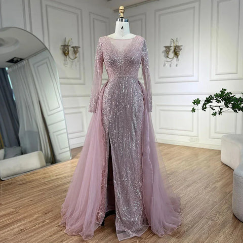 Vestidos de noche de sirena color rosa árabe con sobrefalda y cuentas, vestidos de lujo para bodas y fiestas de mujeres 2025 LA72584 
