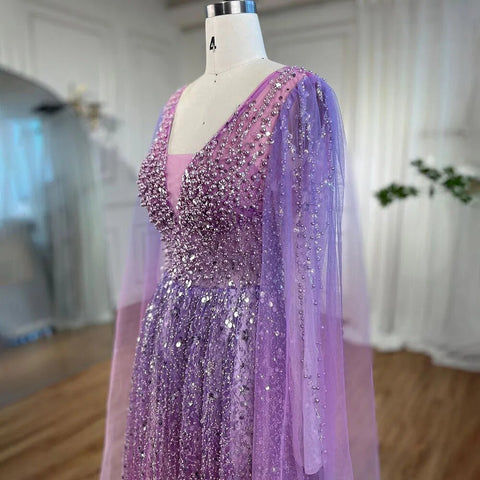 Vestido largo de noche árabe morado, corte en A, mangas tipo capa, escote en V, con cuentas, para mujer, ideal para bodas y fiestas (2025) LA72143 