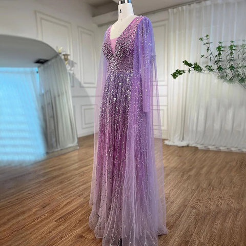 Vestido largo de noche árabe morado, corte en A, mangas tipo capa, escote en V, con cuentas, para mujer, ideal para bodas y fiestas (2025) LA72143 