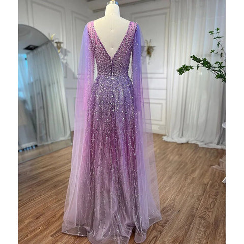 Vestido largo de noche árabe morado, corte en A, mangas tipo capa, escote en V, con cuentas, para mujer, ideal para bodas y fiestas (2025) LA72143 
