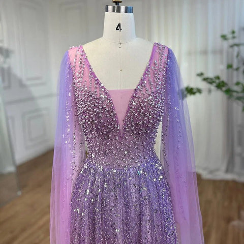 Vestido largo de noche árabe morado, corte en A, mangas tipo capa, escote en V, con cuentas, para mujer, ideal para bodas y fiestas (2025) LA72143 