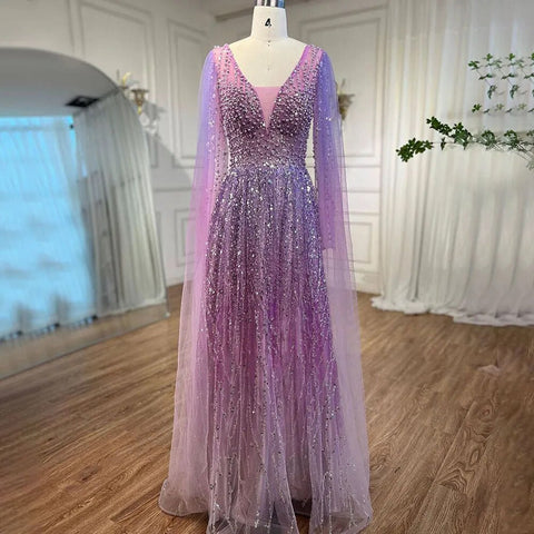 Vestido largo de noche árabe morado, corte en A, mangas tipo capa, escote en V, con cuentas, para mujer, ideal para bodas y fiestas (2025) LA72143 