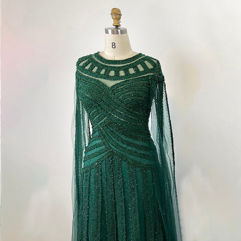 Vestidos de noche elegantes de sirena color púrpura árabe con mangas tipo capa, encaje y cuentas, para mujer, ideales para bodas y fiestas (LA71926) 