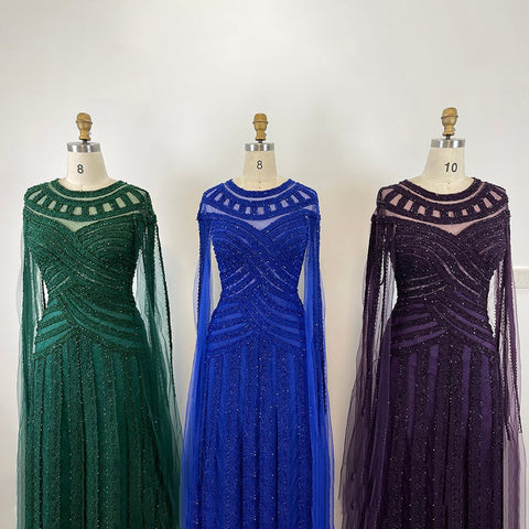 Vestidos de noche elegantes de sirena color púrpura árabe con mangas tipo capa, encaje y cuentas, para mujer, ideales para bodas y fiestas (LA71926) 