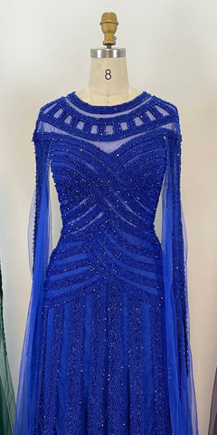 Vestidos de noche elegantes de sirena color púrpura árabe con mangas tipo capa, encaje y cuentas, para mujer, ideales para bodas y fiestas (LA71926) 