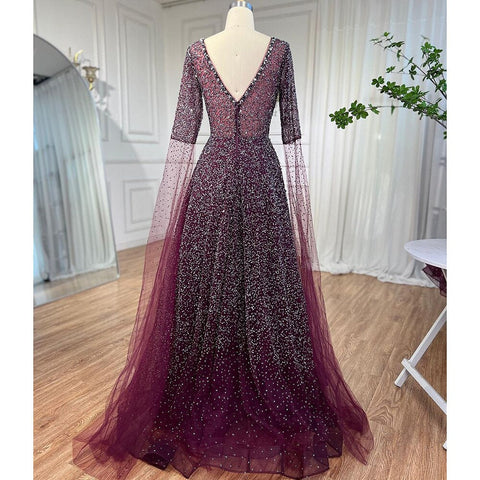 Arabic Purple A Line Beaded Evening Dresses V Neck With Cape Sleeves Gowns For Women Wedding Party 2025 LA72146