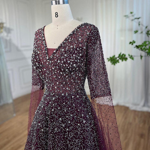 Arabic Purple A Line Beaded Evening Dresses V Neck With Cape Sleeves Gowns For Women Wedding Party 2025 LA72146