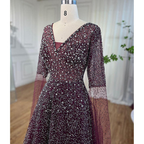 Arabic Purple A Line Beaded Evening Dresses V Neck With Cape Sleeves Gowns For Women Wedding Party 2025 LA72146