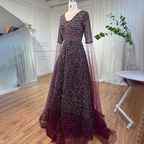 Arabic Purple A Line Beaded Evening Dresses V Neck With Cape Sleeves Gowns For Women Wedding Party 2025 LA72146