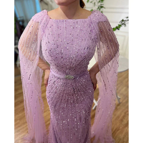 Arabic Purple Mermaid Cape Sleeves Beaded Luxury Dubai Long Evening Dresses Gowns For Women Party 2025 LA71909
