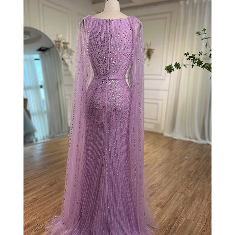 Arabic Purple Mermaid Cape Sleeves Beaded Luxury Dubai Long Evening Dresses Gowns For Women Party 2025 LA71909